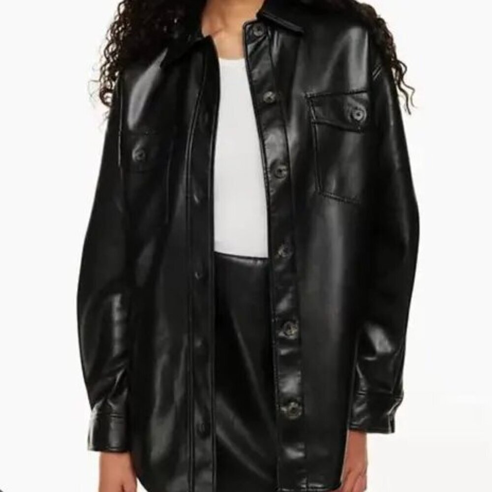 Aritzia Wilfred Black Faux Leather Button Up Jacket Classic Moto Chic Baddie